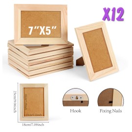 DIY Picture Frames, 12 Unfinished Wood 5x7 Craft Frames Set with Kickstand, Solid Pine Wood Photo Frames to Decorate, Arts and Crafts Painting Projects, (7x9 Frame Size Holds 7x5 Pictures) Kids Crafts