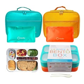 kinsho Bento Box with Lunch Bag and Ice Pack Set | Two Boxes, insulated Bags, Cold Packs for Kids Adults, Value Meal Containers for School Lunches or Snack, 6 Compartments BPA Free, Teal and Orange