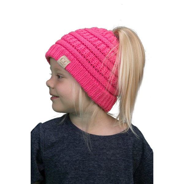 Funky Junque Kids Messy Bun Ponytail Winter Hat Girls Beanie Tail - Candy Pink