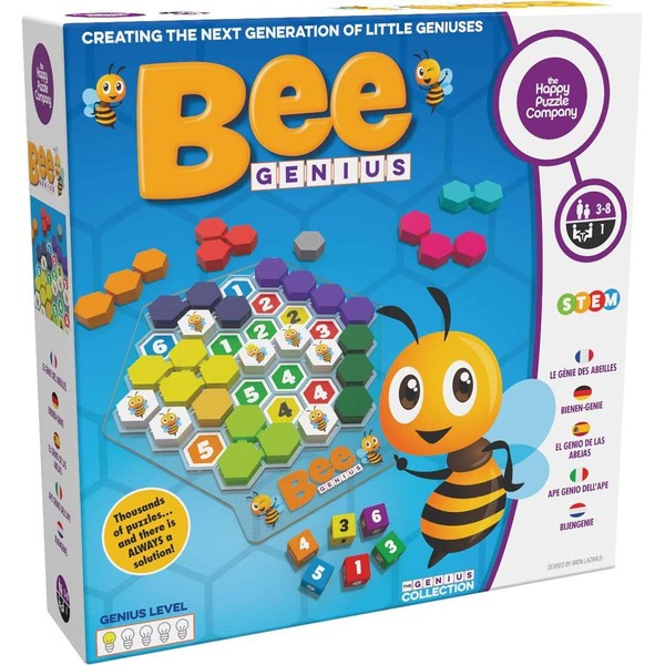 Bee Genius - Award Winner Puzzle Family Board Game for Ages 3+ Kids. 46,656 Possible Solutions to Help The Queen Bee & Worker Bees Build Their Honeycomb by Filling in Colored Shapes!