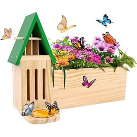 Butterfly House and Feeder with Flower Pot, Wooden Butterfly House for Garden, 3 in 1 with Drainage Holes, Natural Butterfly Habitat for Garden Decoration