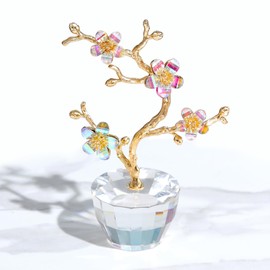 Movdyka Crystal Colorful Cherry Blossom Figurines Golden Stem Flower Gifts for Women Mum, Floral Keepsake Ornaments for Living Room Christmas Birthday Present for Her