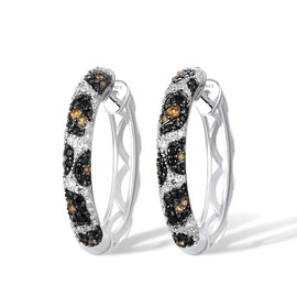Santuzza Hoop Earrings 925 Sterling Silver Python Pattern Black Gemstone White Cubic Zirconia Round Earrings