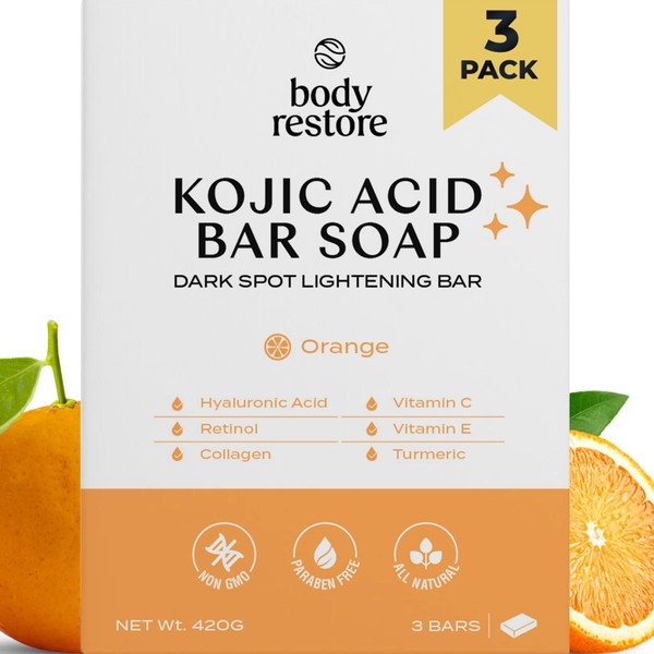 Kojic Acid Soap, (Orange 3 Pack), For Dark Spots & Brightening Skin, All Natural Soap Bar for Moisturization and Acne Scars, Paraben Free, Body Restore