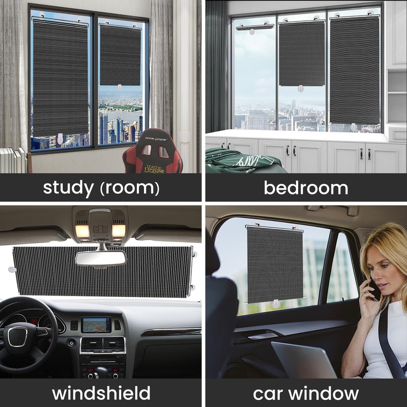 No Drilling Retractable Roller Window Shades W/3 Suction Cups, Black