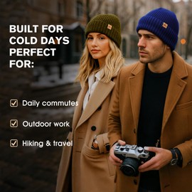 TOP-EX Merino Wool Cuffed Beanie for Men XL/XXL – Black Thermal Winter Wooly Hat with Fleece Lining, Soft Warm Cap for Hiking, Work, Cold Weather, Mens Gift Beanie UK