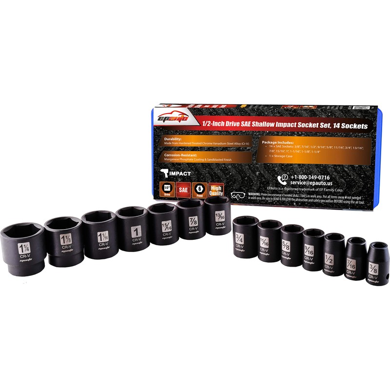 EPAuto 1/2-Inch Drive SAE Shallow Impact Socket Set, CRV, 6-Point