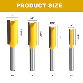 Yueqing Zhongji 4PCS Flush Trim Router Bit Set, 1/4" Shank, Double Flute Straight, Carbide-Tipped Steel, 2 Flutes, 0.25" Cutting Diameter, Woodworking Router Bit