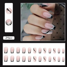 24PCS Black French Tip Press on Nails Medium Length Square Fake Nails with Silver Glitter Line Designs Glossy Coffin Nails Full Cover Nail Tips Glue on Nails Artificial Acrylic False Nails for Women