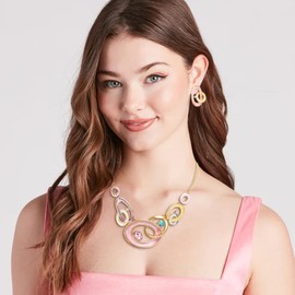 Flyonce Fashion Costume Jewelry Sets for Women Enamel Oval Circles Rhinestone Pendant Collar Necklace Earrings Set Wedding Party Prom Jewellery for Brides Pink Gold-Tone