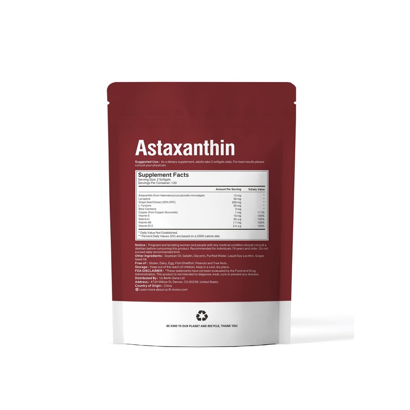 VivoNu Astaxanthin 12mg Supplements, 240 Softgels, Fresh Haematococcus Pluvialis 10