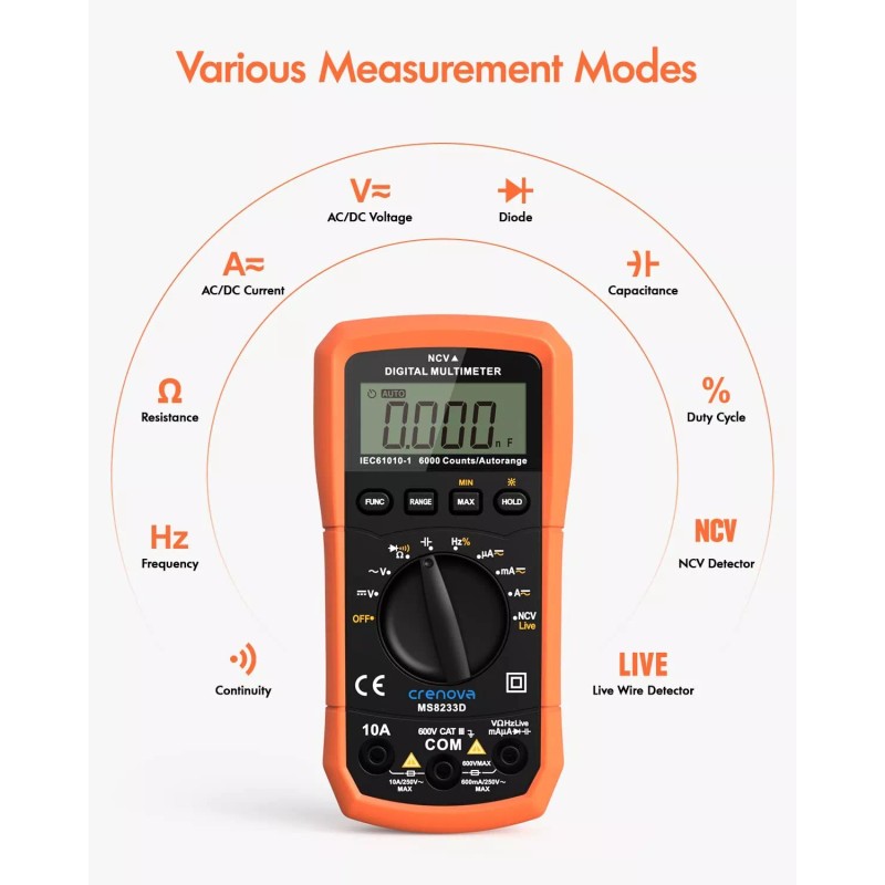 Crenova MS8233D Digital Multimeter DC AC Voltmeter Ohm Volt Amp