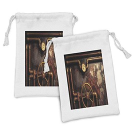 Ambesonne Industrial Fabric Pouch Set of 2, Steam and Pressure Gauger Vintage Style Damaged Timeworn Engine, Small Drawstring Bag for Toiletries Masks and Favors, 9" x 6", Dark Orange Umber