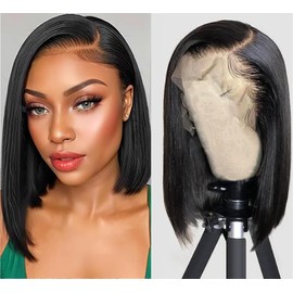 Bob Wig Human Hair 13X4 HD Transparent Human Hair Bob Lace Front Wigs 180% Density Short Straight Frontal Bob Wigs for Black Women Natural Black 12 Inch