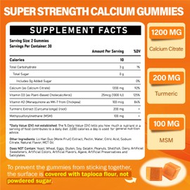 Calcium 1200 mg with Vitamin D3 Supplement Gummies for Adults - Calcium Citrate with Vitamin D3, K2, Turmeric, MSM for Women Men - Support Strength Muscle Immune - Sugar Free, Natural Mango Flavor