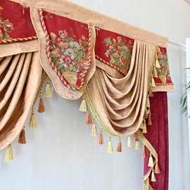 Risuho Luxury Brown Burgundy Floral Waterfall Swag Valance with Tassels for Living Room Bedroom Windows European Design Rod Pocket Top (150 cm, 1 Panel)