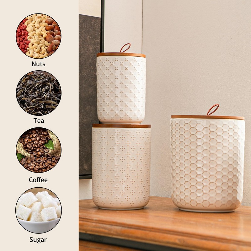 JOJUNO White Ceramic Canister Set with Wooden Lids – 3-Piece