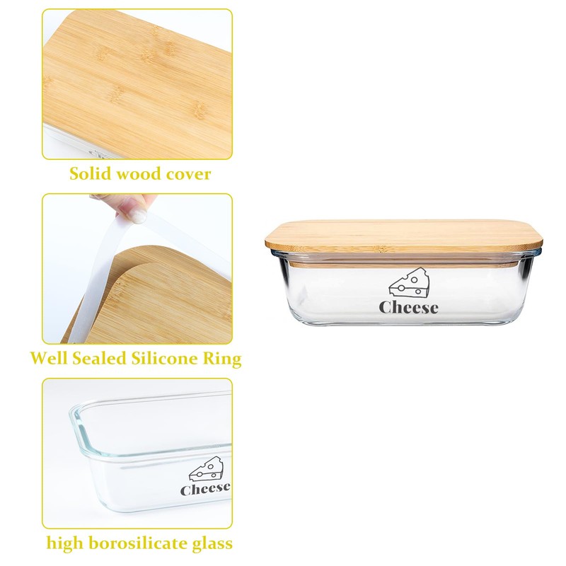 Yomjarl Cheese Container for Refrigerator,Glass cheese slice holder with Wooden
