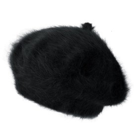ililily Solid Color Angora French Beret Furry Artist Flat Winter Hat, Black with tab
