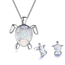 Ladies Turtle Jewellery Set For Women - Necklace Pendant Drop Earrings - Girls Opal Enamel & Silver Plated Matching Charms - with Gift Box (White)