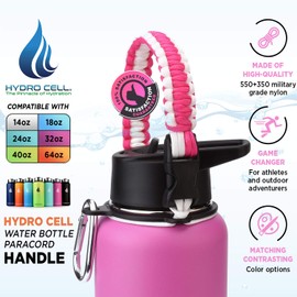 HYDRO CELL Wide Mouth Paracord Handle - Strap Carrier with Safety Ring and Carabiner. Compatible with 14, 18, 24, 32, 40, and 64 oz Stainless Steel Water Bottles (Fuchsia/White)