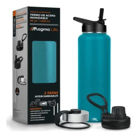Magma Life Termo para Café y Agua de Acero Inoxidable 40 Oz (1200 ml): Contiene 3 Tapas para Diferentes tipos de Bebidas, Ideal para Mantener la Temperatura Deseada (Azul Petróleo)