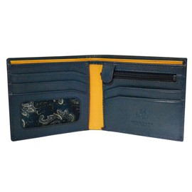Visconti Parma PM-101 Mens Classic Bi-fold Coin Zipper Wallet (Blue/Mustard)