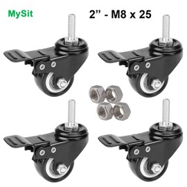 MySit 4pcs Stem Casters M8x25 with Brake Lock | 2 Inch Heavy Duty PU Rubber Swivel Caster Wheel Shopping Trolley - Threaded Stem Bolt with Nuts