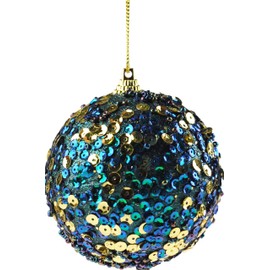 Set Of 6 Opulent Glitter Encrusted Blue Gold Sequin Christmas Tree Baubles Decorations