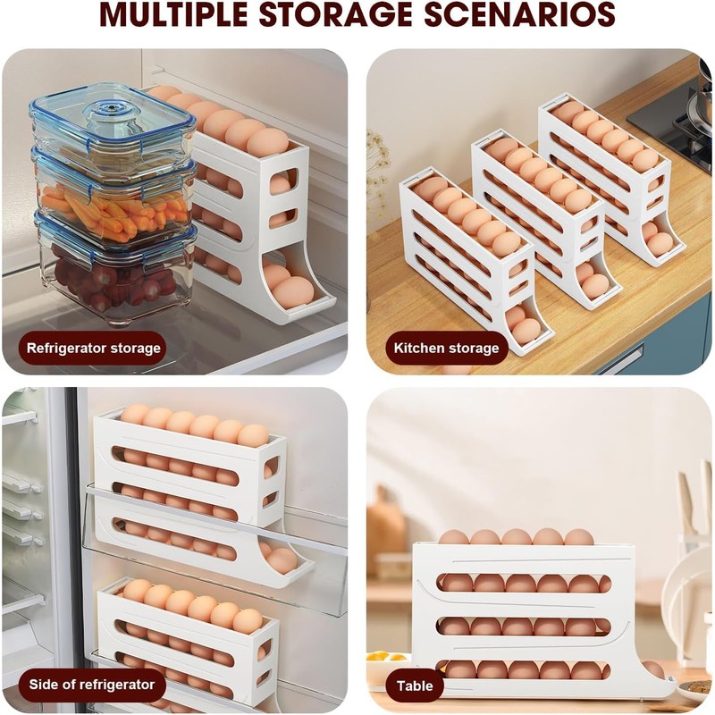 MEETOZ 4 Tiers Egg Holder for Fridge, Automatic Scrolling Egg