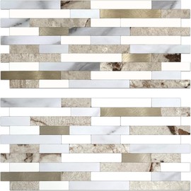 AULIGET 20 Sheets Faux Stone Peel and Stick Backsplash, Beige & White Marble Look PVC Wall Tile Stick on Backsplash for Kitchen and Bathroom