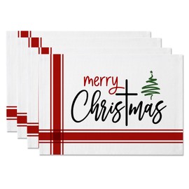 Christmas Red Stripe Placemats Set of 4 Xmas Tree Place Mats for Dining Table Winter Holiday Table Mats for Kitchen Dining Decoration