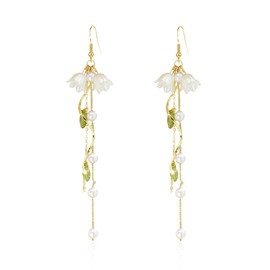 QIAOLEHUI Orchid Flower Dangle Drop Hook Earrings Pearl Crystal Threader Tassel Dangling Wedding Earring Studs Earrings Jewelry Gifts for Women (Ear Hook)