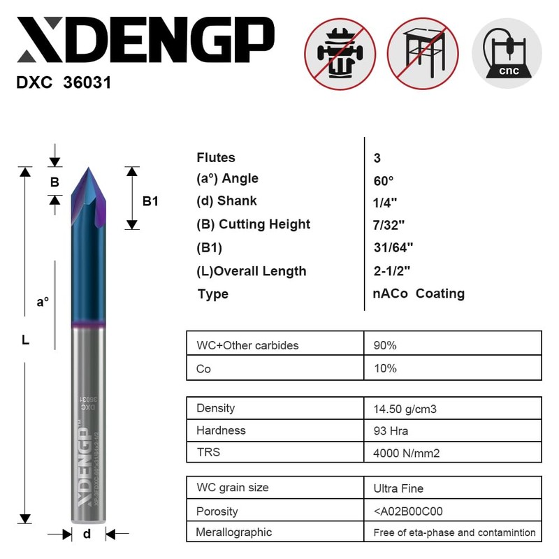 XDENGP 60 Degree V Groove Router Bit, Carbide CNC Chamfer