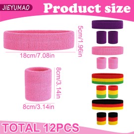 12Pcs Sweatband Set, 4 Styles Sports Headband and Wristband, Neon Sweatbands Wrist Sweatbands Moisture Wicking Wristband 80s Sweatbands and Wristbands for Yoga Fitness Exercise Running