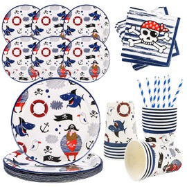 Pirate Party Tableware Set, 64 Pieces Pirate Paper Plates Children's Birthday Pirate Birthday Decorations, Pirate Party Paper Plates Pirate Decoration Boys Birthday Party Tableware Set for 16 Guests