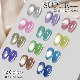 YEPYEPGO Cat Eye Gel Nail Polish Set 12 Colors, Moonlight Jelly Cats Gel Polish Kit with Magnet Stick, Ceramic Magnetic Cat Eyes Gel Crystal Sock Off Nail Art Manicure Gift Kit