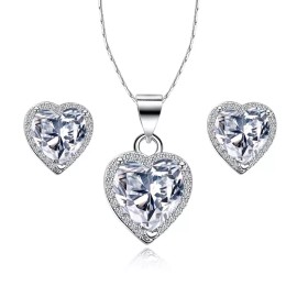Paris Jewelry 18k White Gold Plated Heart 4 Carat Created White CZ Full Set Necklace, Earrings