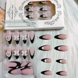 3D Press on Nails Valentines Day Short Almond Fake Nails with Heart Design Love Black French Tip False Nails 3D Valentines Nails Full Cover Acrylic Glue on Nails Spring Stick on Nails for Women 24Pcs