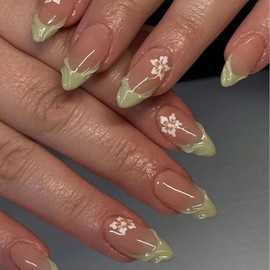 Spring Press on Nails Almond Medium Fake Nails with White Flower Designs French Tip Nails Press ons Light Green False Nails Glossy Glue on Nails Acrylic Nails Nude Stick on Nails for Women 24Pcs
