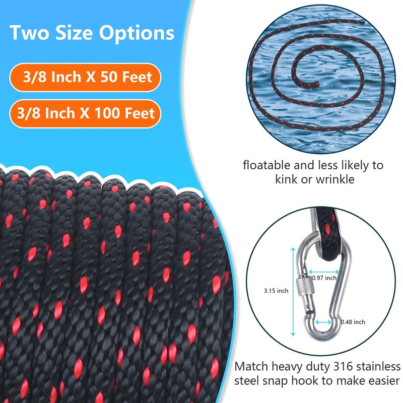 3/8 Inch 100 FT Anchor Rope, Boat Anchor Rope Solid