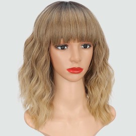 AISI HAIR Synthetic Wavy Curly Bob Wig with Bangs Ombre Blonde Mixed Wig Short Bob Wavy Hair Wigs for Women Synthetic Heat Resistant Bob Wigs