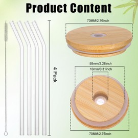 4 Pack Bamboo Lids for Glass Cups, Reusable Canning Lids with Straw Hole for Mason Jar,Drinking Jars and Beer Glasses, Fit for 70mm Internal Diameter Airtight Regular Mouth with Covers (70mm/2.75in)