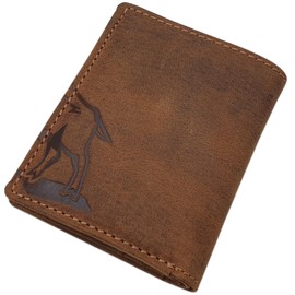 myledershop Small Genuine Buffalo Full Leather Wallet/Wallet/Purse in Portrait Format with Deer Motif or Wild Boar Motif with RFID & NFC Protection, Boar motif / brown, Modern