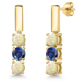 Gem Stone King 18K Yellow Gold Plated Silver White Ethiopian Opal and Blue Created Sapphire Drop Dangle Earrings For Women | 1.20 Cttw | Gemstone October Birthstone | Round Cabochon 5MM