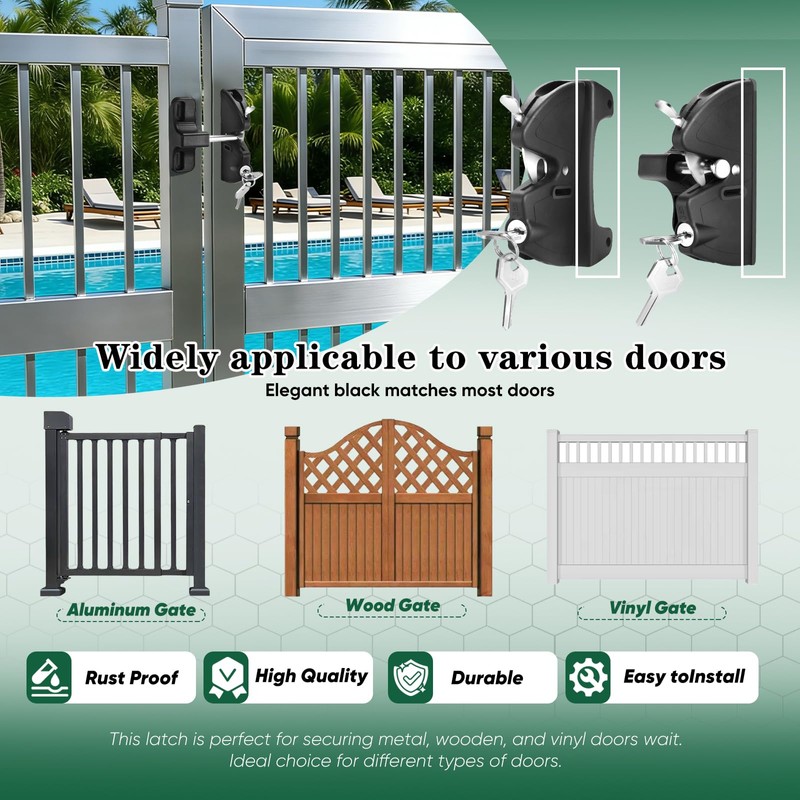 Gate Latch Key, Built in Stainless Steel Lock Tongue, Adjustable,
