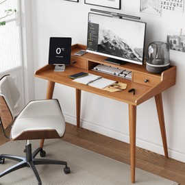 Ucerna Mid Century Modern Desk, 43" Wood Home Office Writing Computer or Laptop Desk with Monitor Stand Riser and Open Storage Cubby, Vanity Desk with 2 Drawers