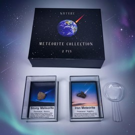 Authentic Meteorite Gift Set – 2 Real Space Specimens (1–3g Each) in Gift Box with Acrylic Display Case & Magnifying Glass – Argentina Iron & Morocco Stone Meteorites