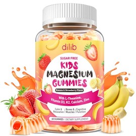 Gomitas de glicinato de magnesio para niños, con L-teanina, Ashwagandha, vitamina D3 K2, magnesio para niños, para dormir, calma, muscular, relajación, cognitiva, sin azúcar, de fresa y plátano, 60