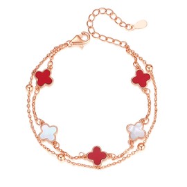 YINCHIE Women's Bracelet, Quatrefoil Clover Motif, Popular, Ruby 2 Rows, Adjustable, Accessories, Wedding Anniversary, Birthday Gift, Women's Bracelet, Includes Beautiful Gift Box, Copper